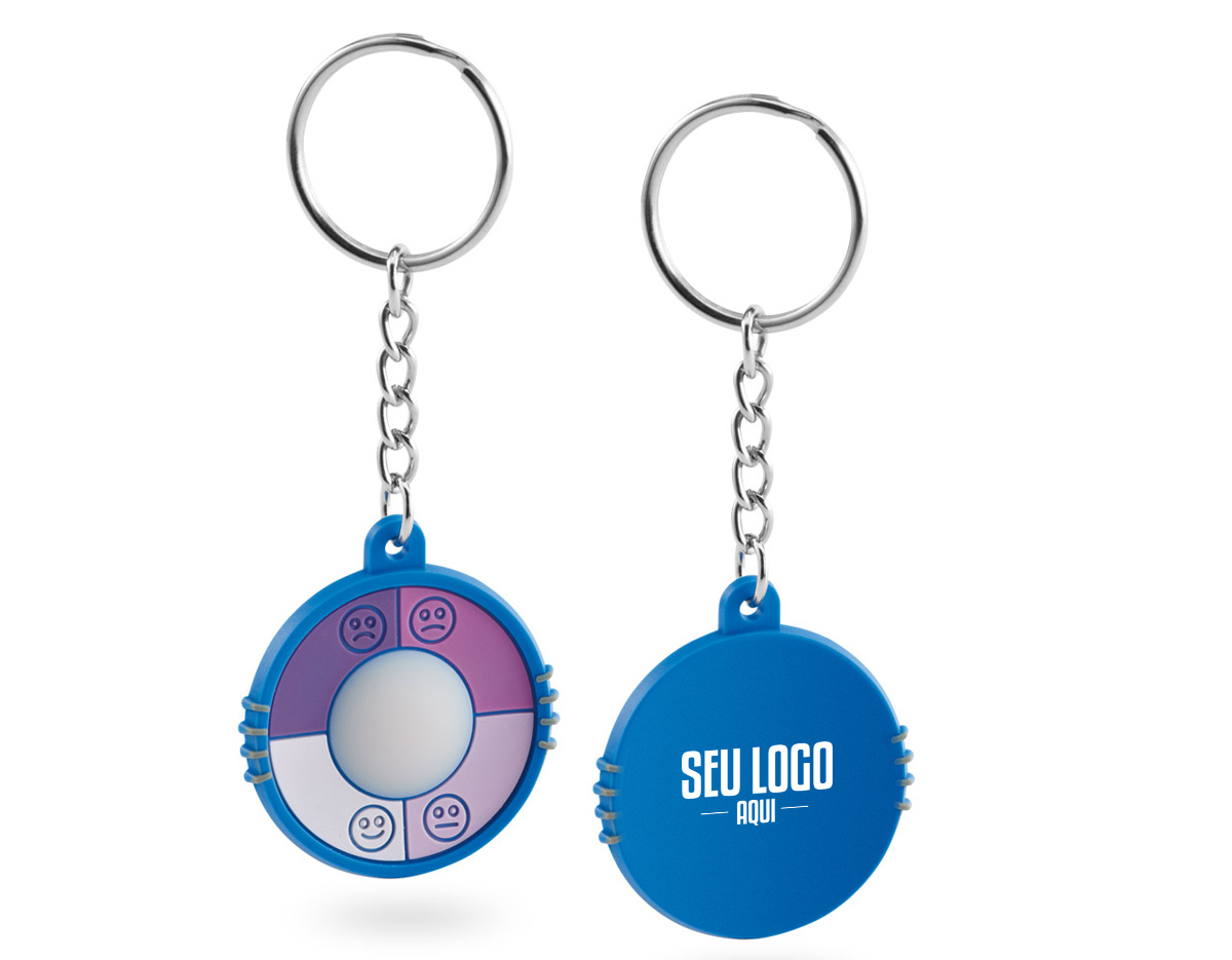 Chaveiro em PVC com indicador de radiação UV, ideal para alertar sobre a intensidade da exposição solar. Compacto e funcional, possui diâmetro de 35 mm, sendo perfeito para uso no dia a dia ou em atividades ao ar livre.