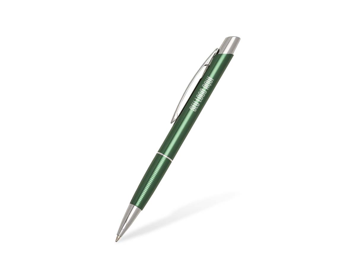 Caneta metálica com acionamento por clique, equipada com carga esferográfica azul. Design elegante e funcional, ideal para escrita suave e precisa no dia a dia.
