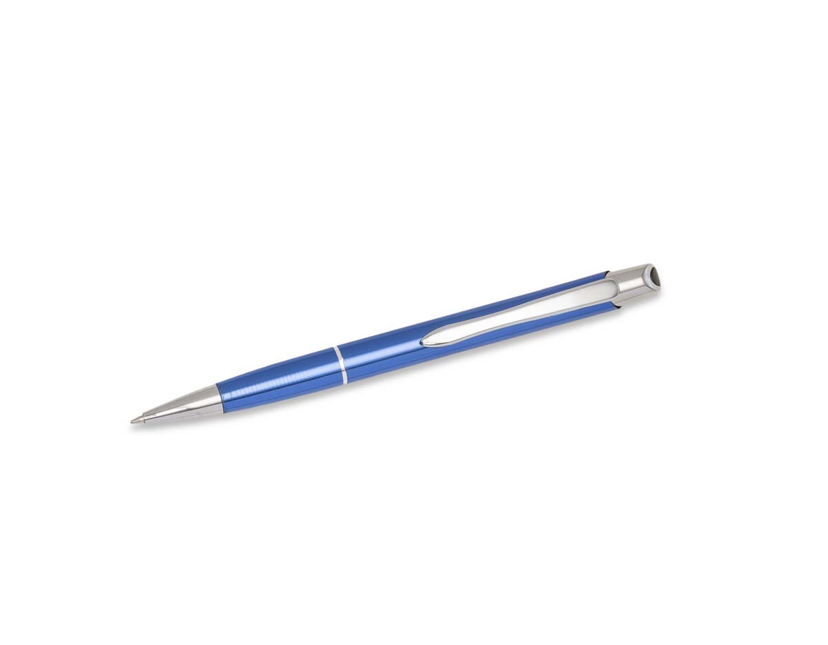 Caneta metálica com acionamento por clique, equipada com carga esferográfica azul. Design elegante e funcional, ideal para escrita suave e precisa no dia a dia.