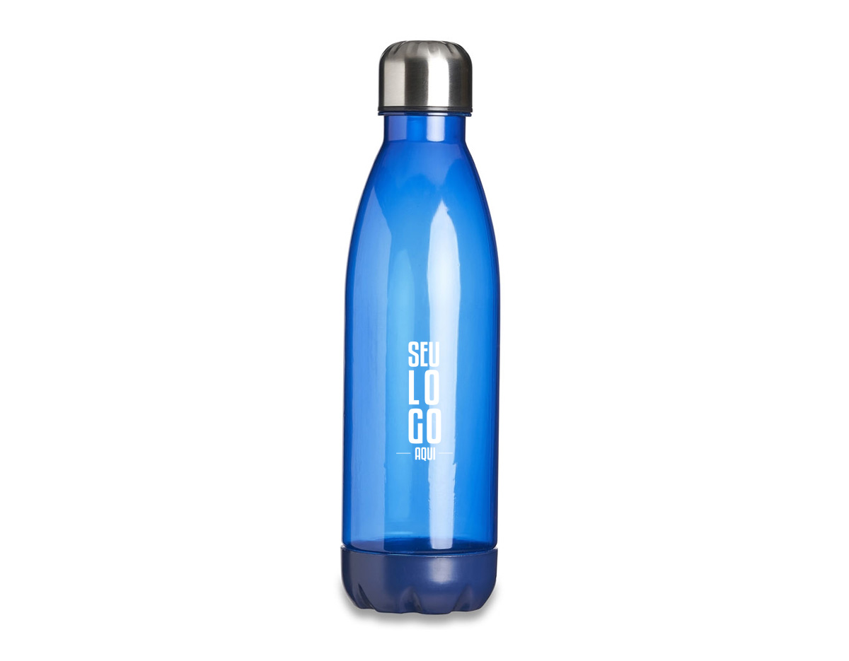 Garrafa translucida de plástico com capacidade para 700ml, possui uma base na respectiva cor leitosa e uma tampa de alumínio com rosca.