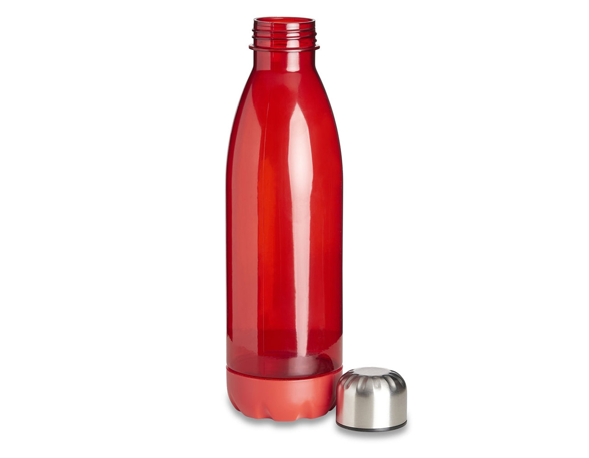 Garrafa translucida de plástico com capacidade para 700ml, possui uma base na respectiva cor leitosa e uma tampa de alumínio com rosca.