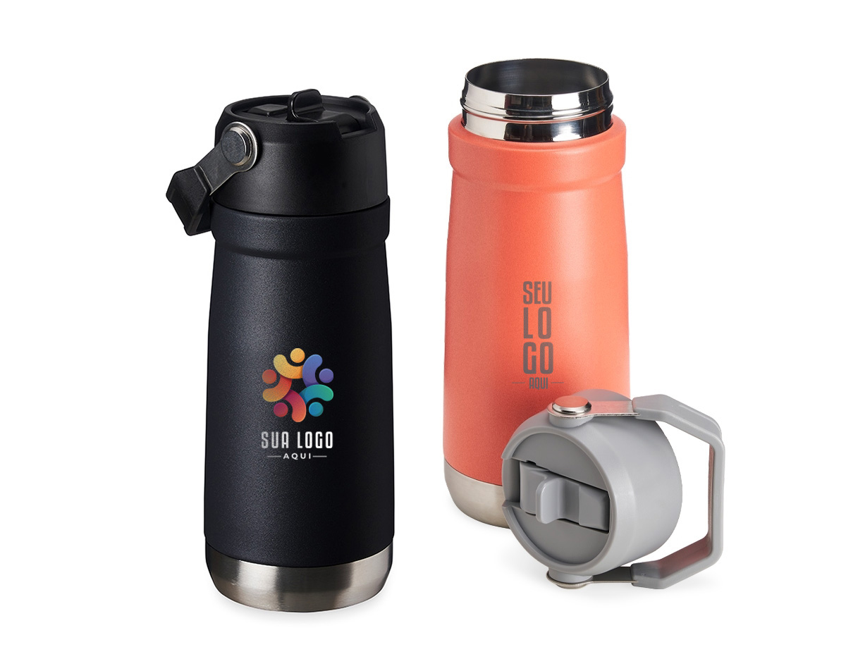 Garrafa térmica de inox com parede dupla e capacidade de 550ml. Tampa com alça para transporte, bico flip e canudo interno. Ideal para manter sua bebida na temperatura certa o dia todo.