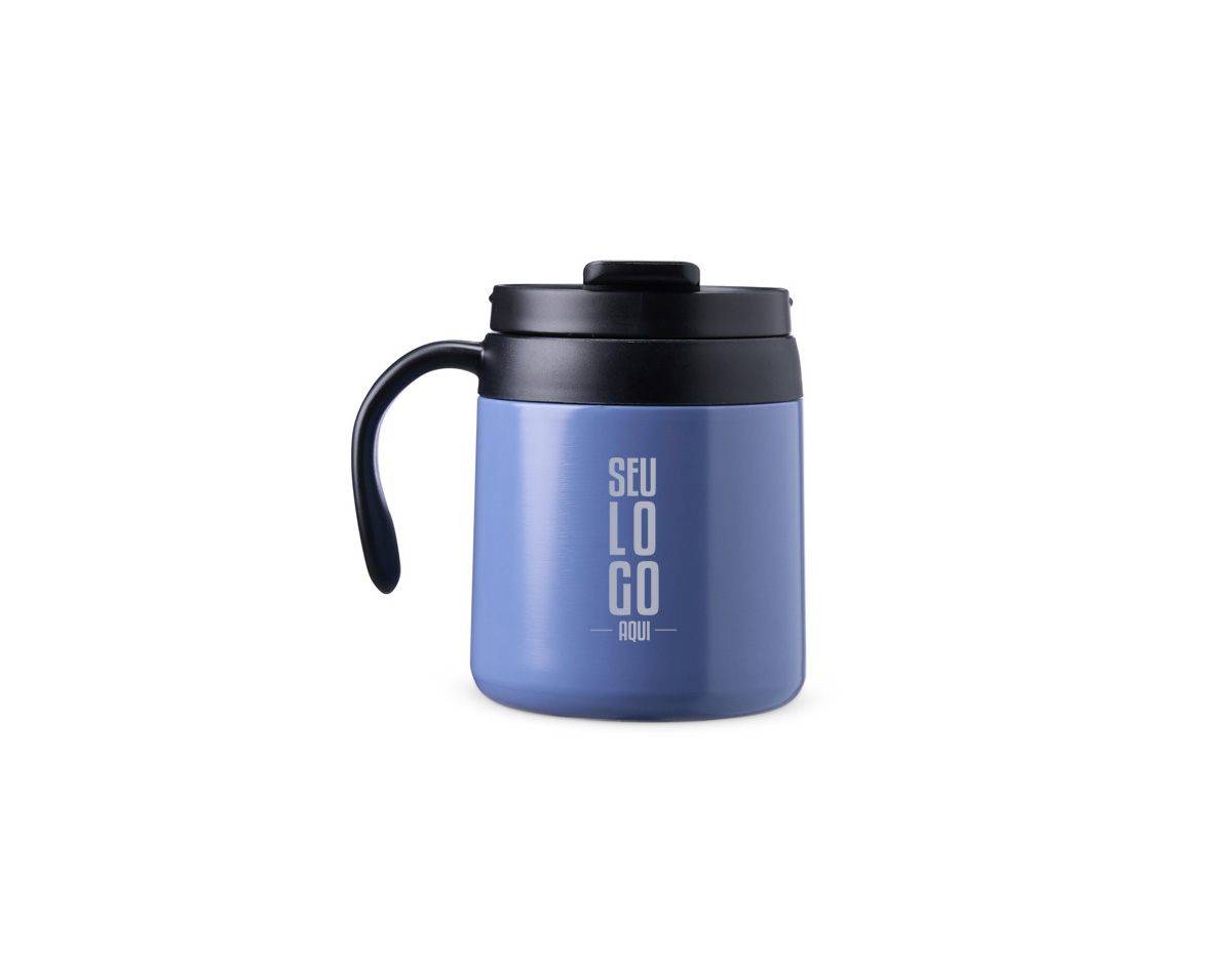 Caneca térmica em inox 304 com parede dupla e 350ml. Tampa de encaixe com bocal, alça plástica confortável e base antiderrapante. Perfeita para manter sua bebida quente por mais tempo.