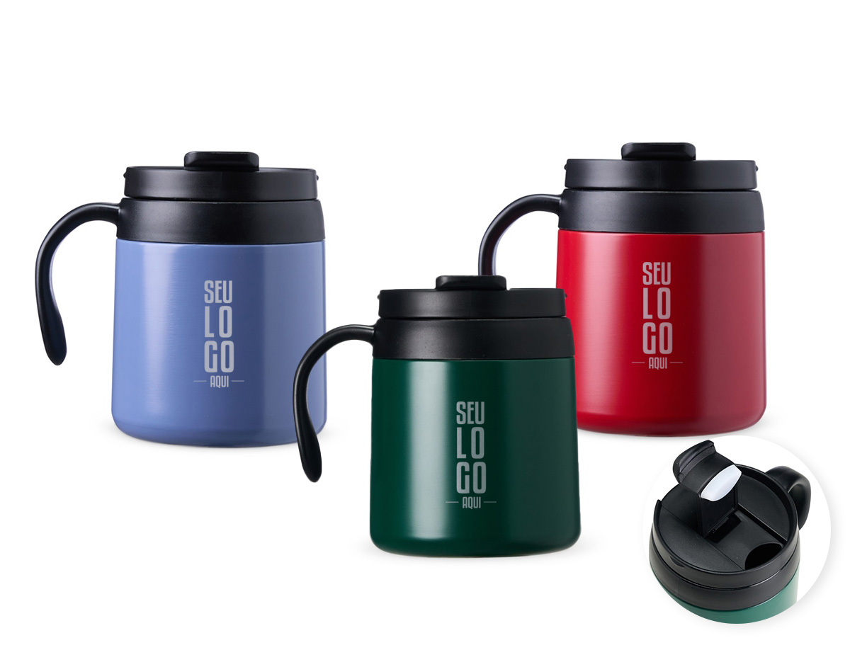 Caneca térmica em inox 304 com parede dupla e 350ml. Tampa de encaixe com bocal, alça plástica confortável e base antiderrapante. Perfeita para manter sua bebida quente por mais tempo.