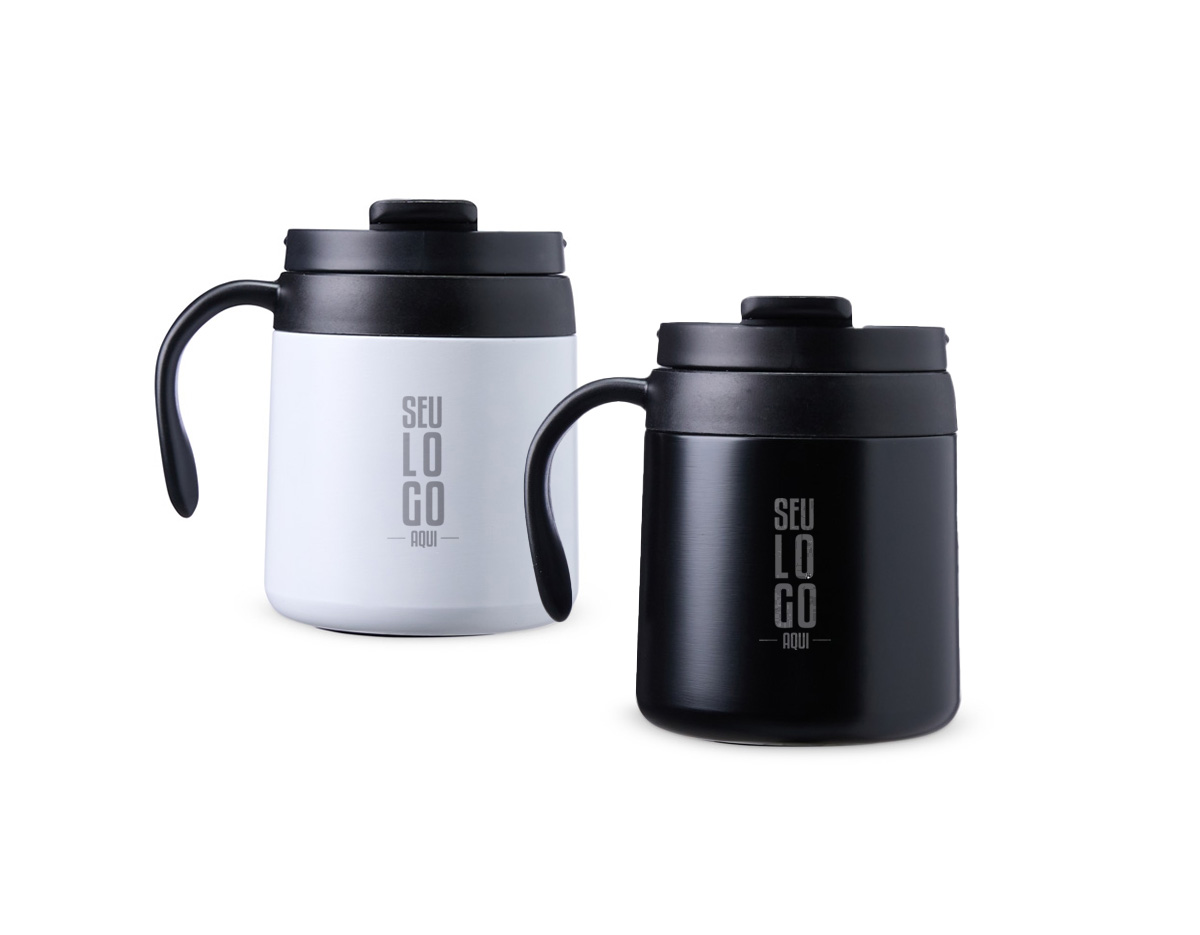 Caneca térmica em inox 304 com parede dupla e 350ml. Tampa de encaixe com bocal, alça plástica confortável e base antiderrapante. Perfeita para manter sua bebida quente por mais tempo.
