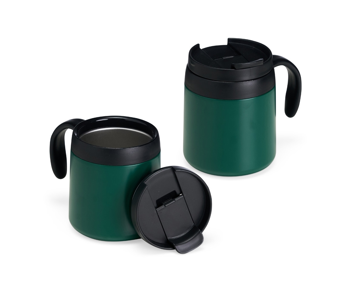 Caneca térmica em inox 304 com parede dupla e 350ml. Tampa de encaixe com bocal, alça plástica confortável e base antiderrapante. Perfeita para manter sua bebida quente por mais tempo.