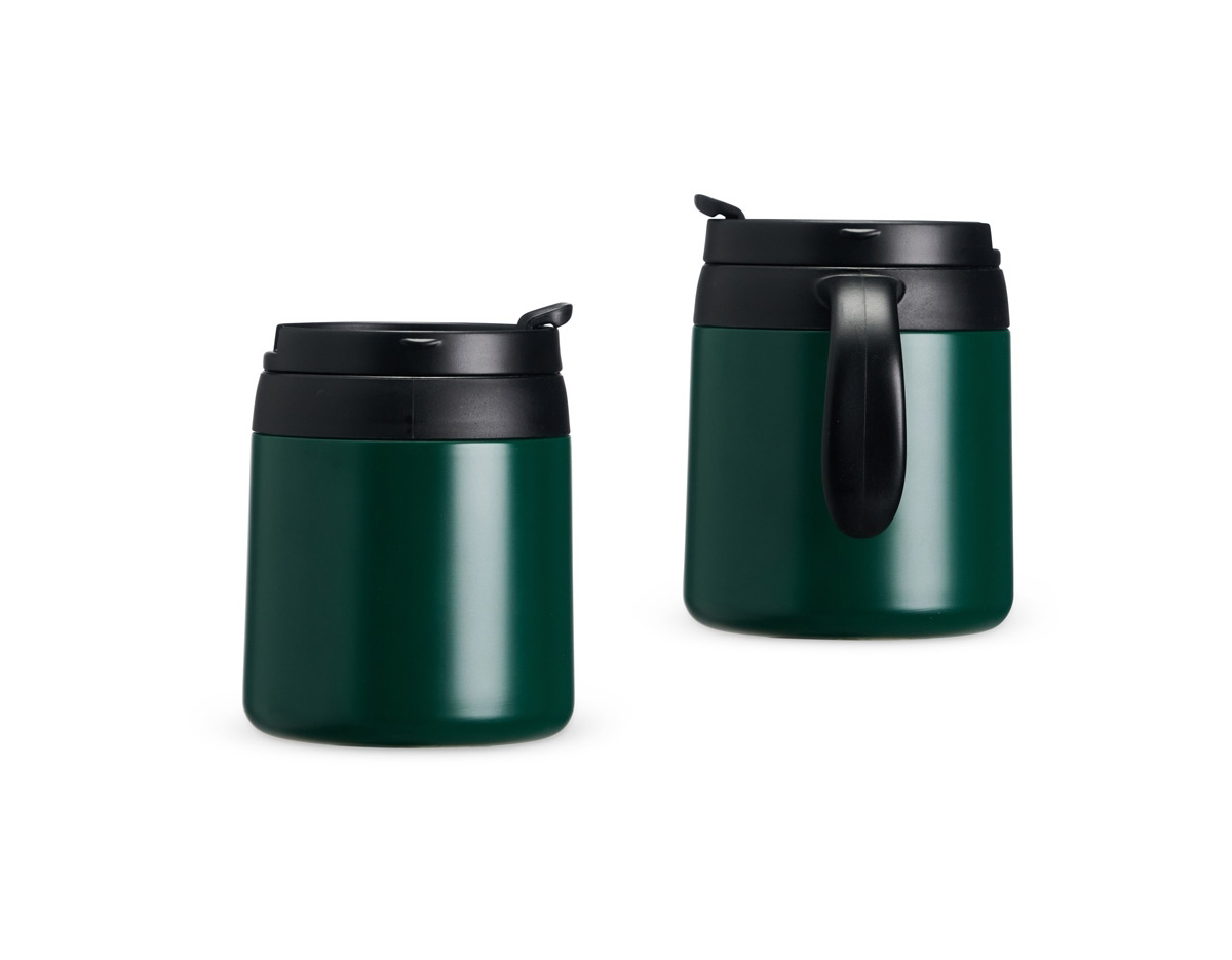 Caneca térmica em inox 304 com parede dupla e 350ml. Tampa de encaixe com bocal, alça plástica confortável e base antiderrapante. Perfeita para manter sua bebida quente por mais tempo.
