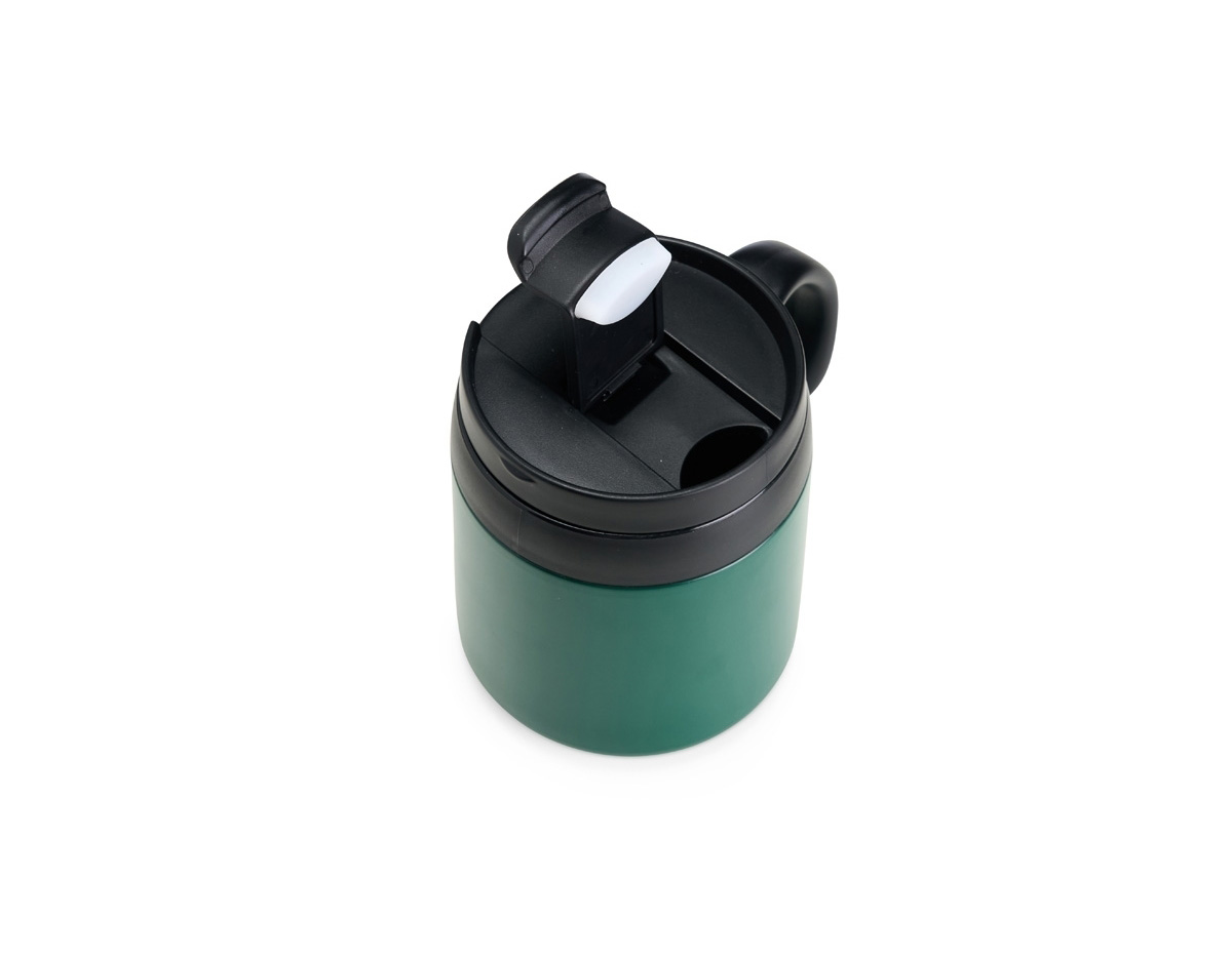 Caneca térmica em inox 304 com parede dupla e 350ml. Tampa de encaixe com bocal, alça plástica confortável e base antiderrapante. Perfeita para manter sua bebida quente por mais tempo.