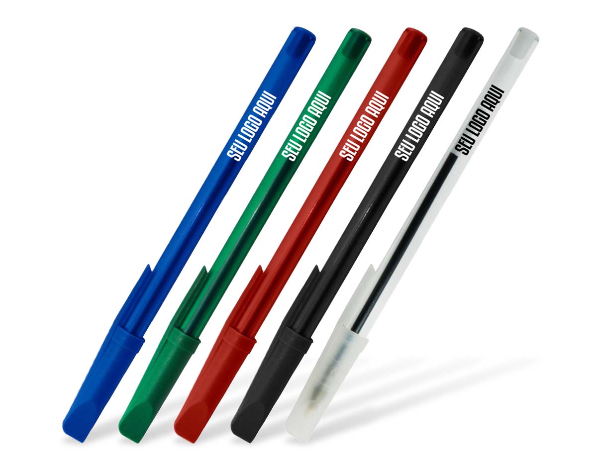 Caneta plástica com design moderno e tampa protetora. Possui carga esferográfica azul de escrita suave e duradoura. Ideal para o dia a dia, brindes e uso corporativo.