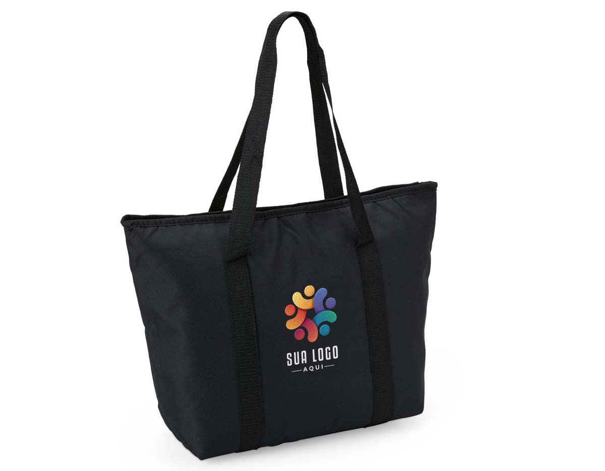 Sacola térmica 16L em poliéster durável, com material interno que conserva a temperatura. Leve, espaçosa e funcional, ideal para passeios, viagens ou compras com muito mais praticidade.