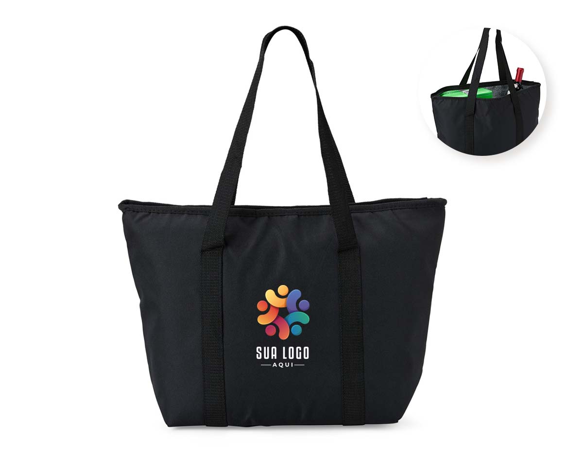 Sacola térmica 16L em poliéster durável, com material interno que conserva a temperatura. Leve, espaçosa e funcional, ideal para passeios, viagens ou compras com muito mais praticidade.