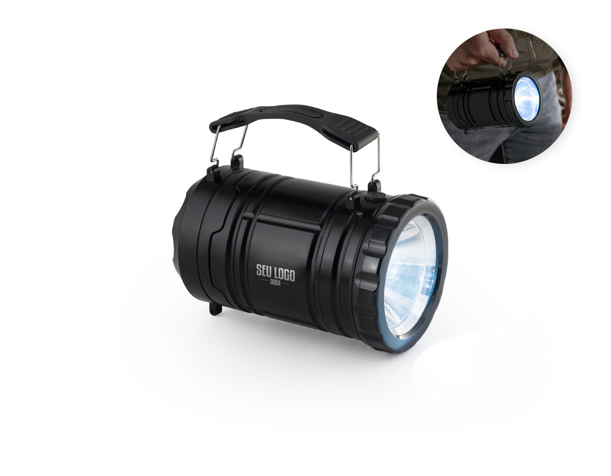 Lanterna 2 em 1 em ABS e PS com dois modos de uso: candeeiro para iluminar grandes áreas ou lanterna com pega lateral removível. Possui COB LED de 200 lúmens e LED de 1W. Ideal para campismo e atividades ao ar livre. Acompanha 3 pilhas AA e é fornecida em caixa de presente.