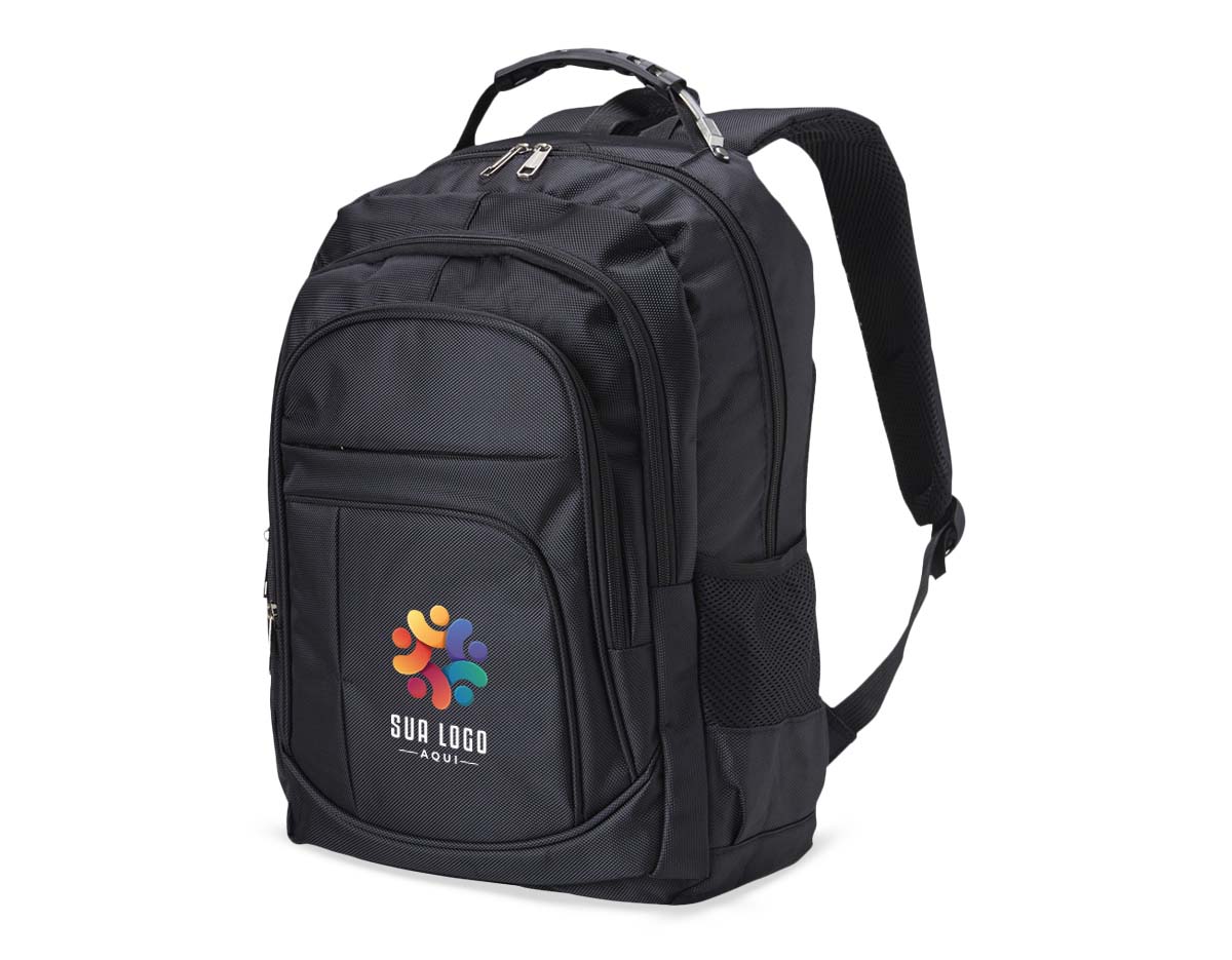 Mochila nylon 30L com 4 compartimentos, bolso p/ notebook 15,6", bolsos laterais em malha, 2 alças de mão e costas com revestimento espumado.