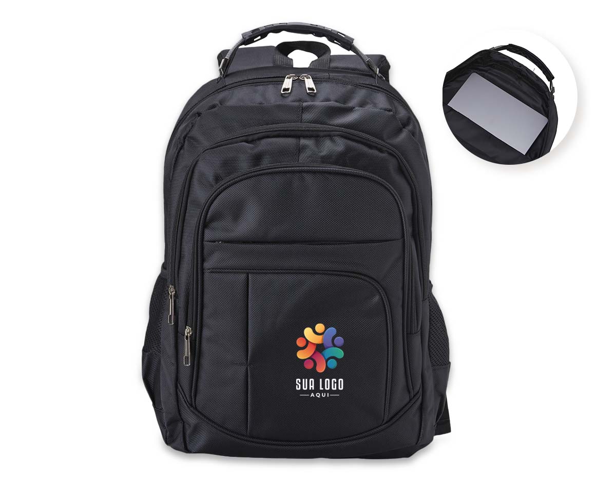 Mochila nylon 30L com 4 compartimentos, bolso p/ notebook 15,6", bolsos laterais em malha, 2 alças de mão e costas com revestimento espumado.
