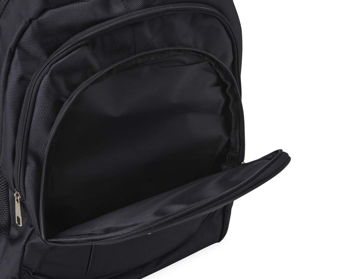 Mochila nylon 30L com 4 compartimentos, bolso p/ notebook 15,6", bolsos laterais em malha, 2 alças de mão e costas com revestimento espumado.