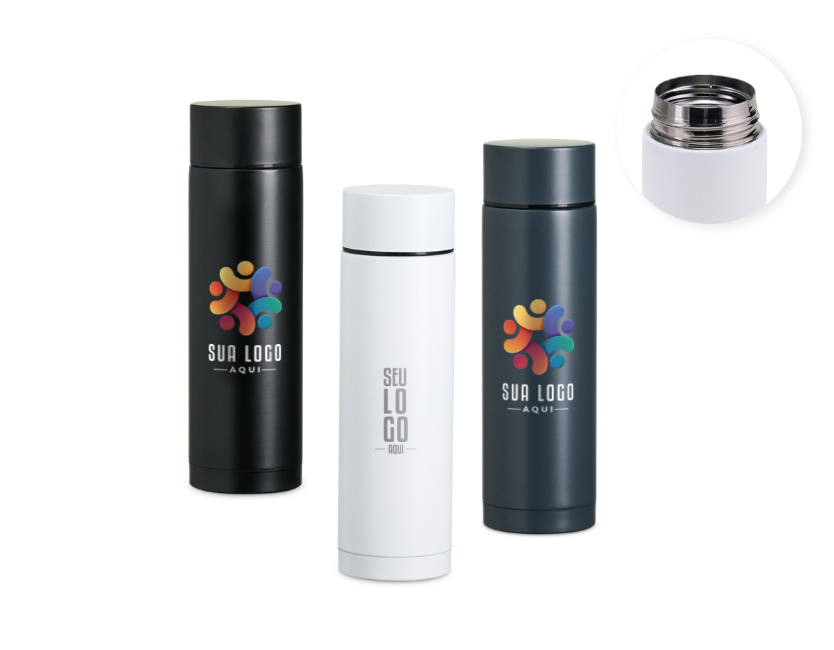 Garrafa Térmica em Inox 320ml Garrafa térmica compacta e elegante, fabricada em aço inoxidável 304 de alta qualidade, com capacidade de 320ml. Possui tampa rosqueável que garante vedação eficiente, ideal para manter suas bebidas quentes ou frias por mais tempo. Perfeita para uso diário, no escritório ou em viagens.