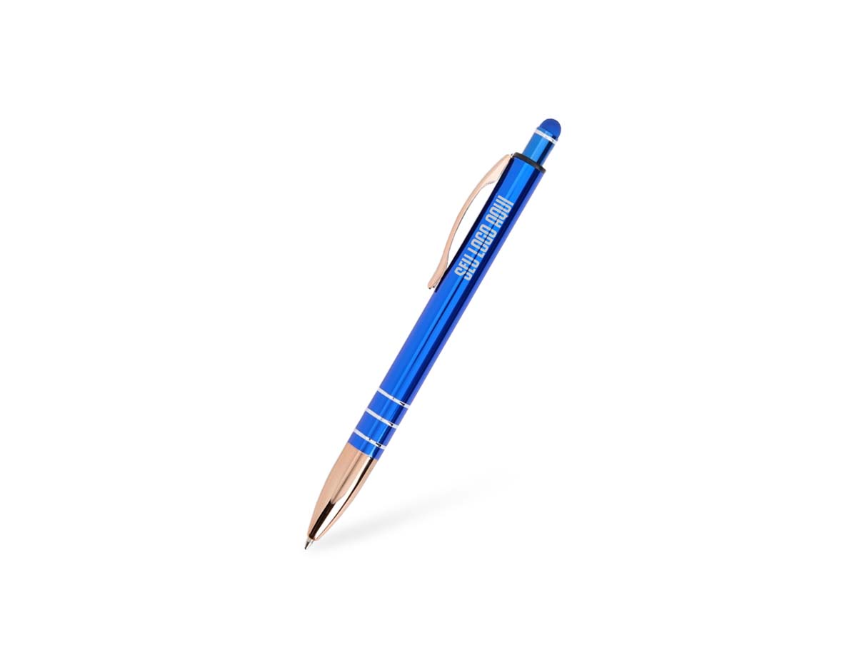 Caneta metálica com acionador touch, clipe metálico e ponteira plástica. Carga esferográfica azul 1.0mm e acionamento por clique.
