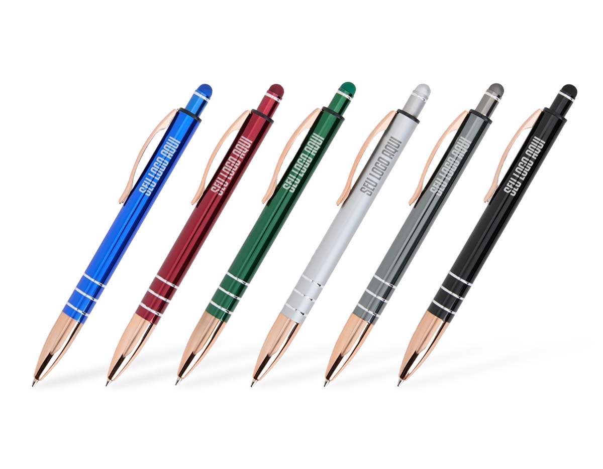 Caneta metálica com acionador touch, clipe metálico e ponteira plástica. Carga esferográfica azul 1.0mm e acionamento por clique.