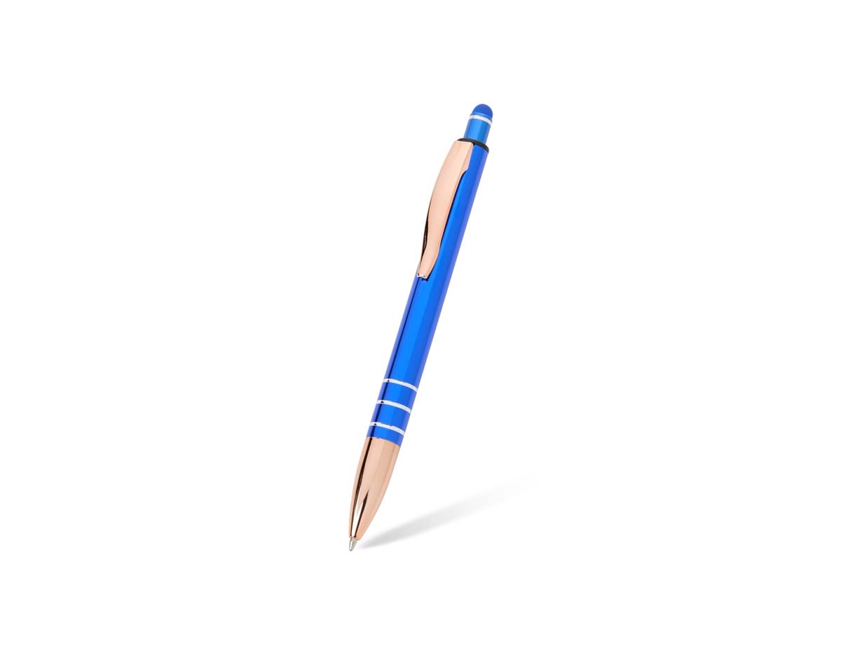 Caneta metálica com acionador touch, clipe metálico e ponteira plástica. Carga esferográfica azul 1.0mm e acionamento por clique.