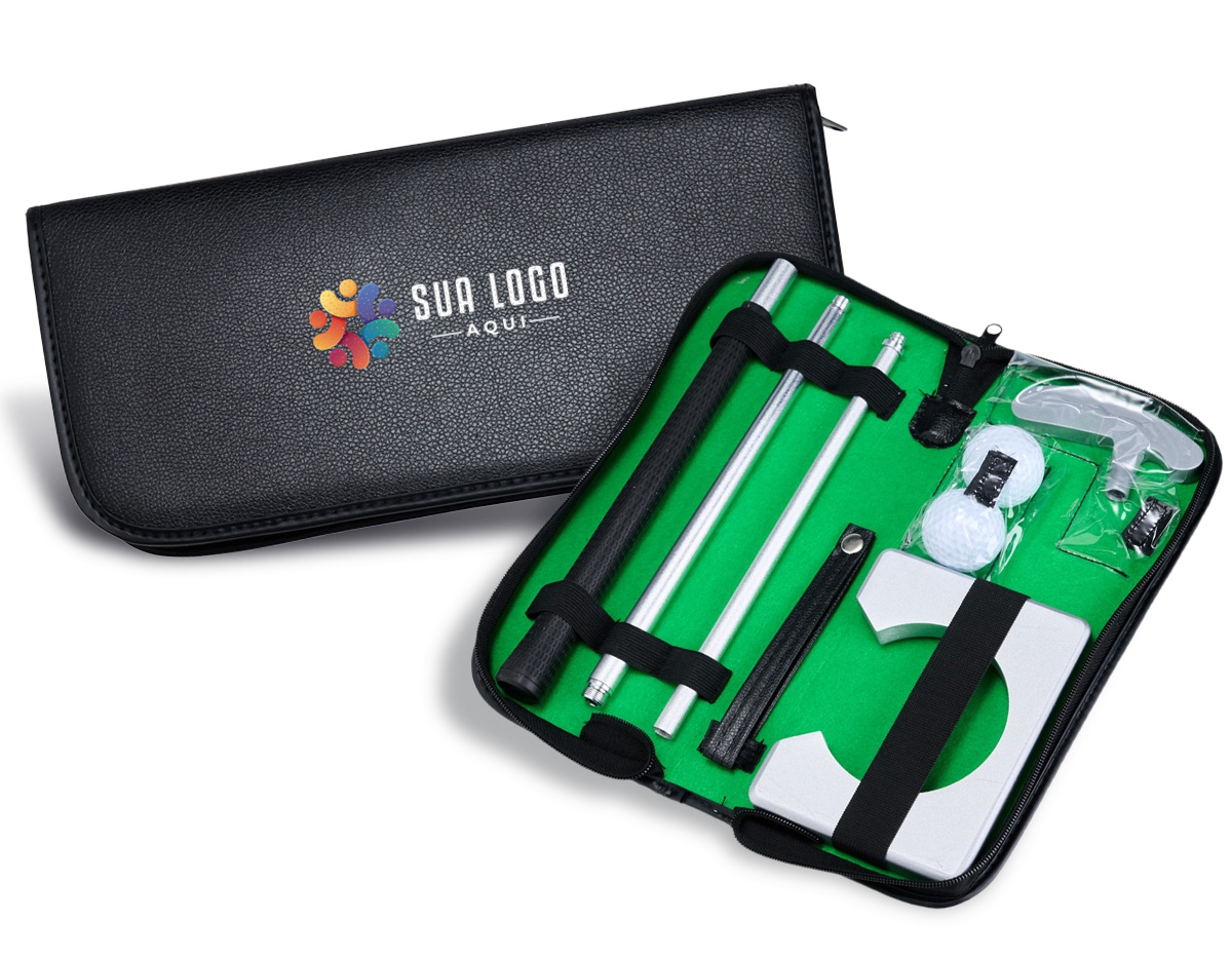 Kit portátil de golfe para treinos em casa ou no escritório. Inclui taco desmontável (84,5?cm), 2 bolinhas (3,5?cm) e buraco moldura (9,5?cm). Diversão e precisão em qualquer lugar!