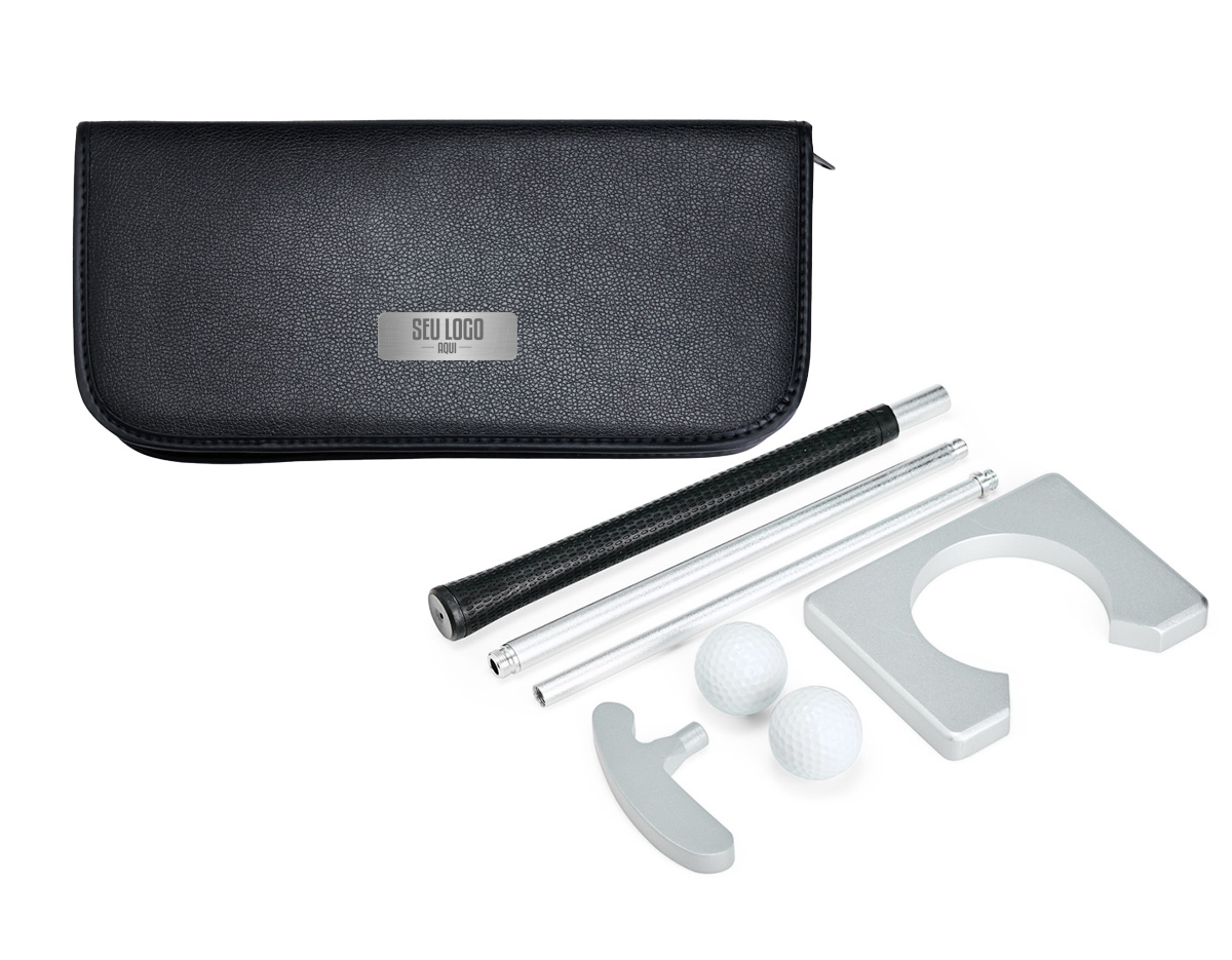 Kit portátil de golfe para treinos em casa ou no escritório. Inclui taco desmontável (84,5?cm), 2 bolinhas (3,5?cm) e buraco moldura (9,5?cm). Diversão e precisão em qualquer lugar!