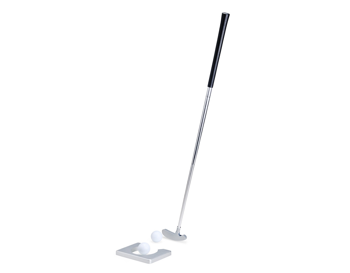 Kit portátil de golfe para treinos em casa ou no escritório. Inclui taco desmontável (84,5?cm), 2 bolinhas (3,5?cm) e buraco moldura (9,5?cm). Diversão e precisão em qualquer lugar!