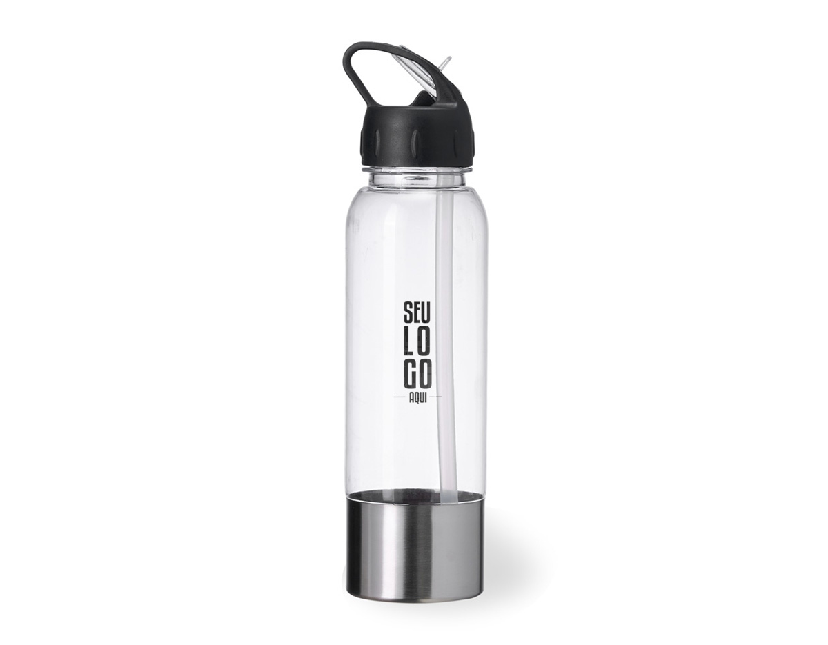 Squeeze com corpo leve e resistente em plástico e base metálica que garante durabilidade e um visual moderno. Possui tampa rosqueável, bico prático e acompanha canudo, facilitando a hidratação sem derramar. Versátil para o dia a dia e ideal para diversas atividades.
