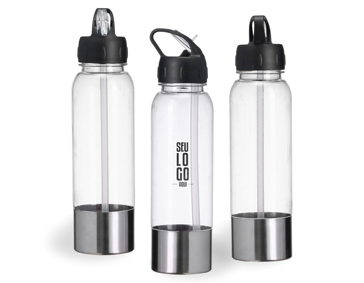 Squeeze com corpo leve e resistente em plástico e base metálica que garante durabilidade e um visual moderno. Possui tampa rosqueável, bico prático e acompanha canudo, facilitando a hidratação sem derramar. Versátil para o dia a dia e ideal para diversas atividades.