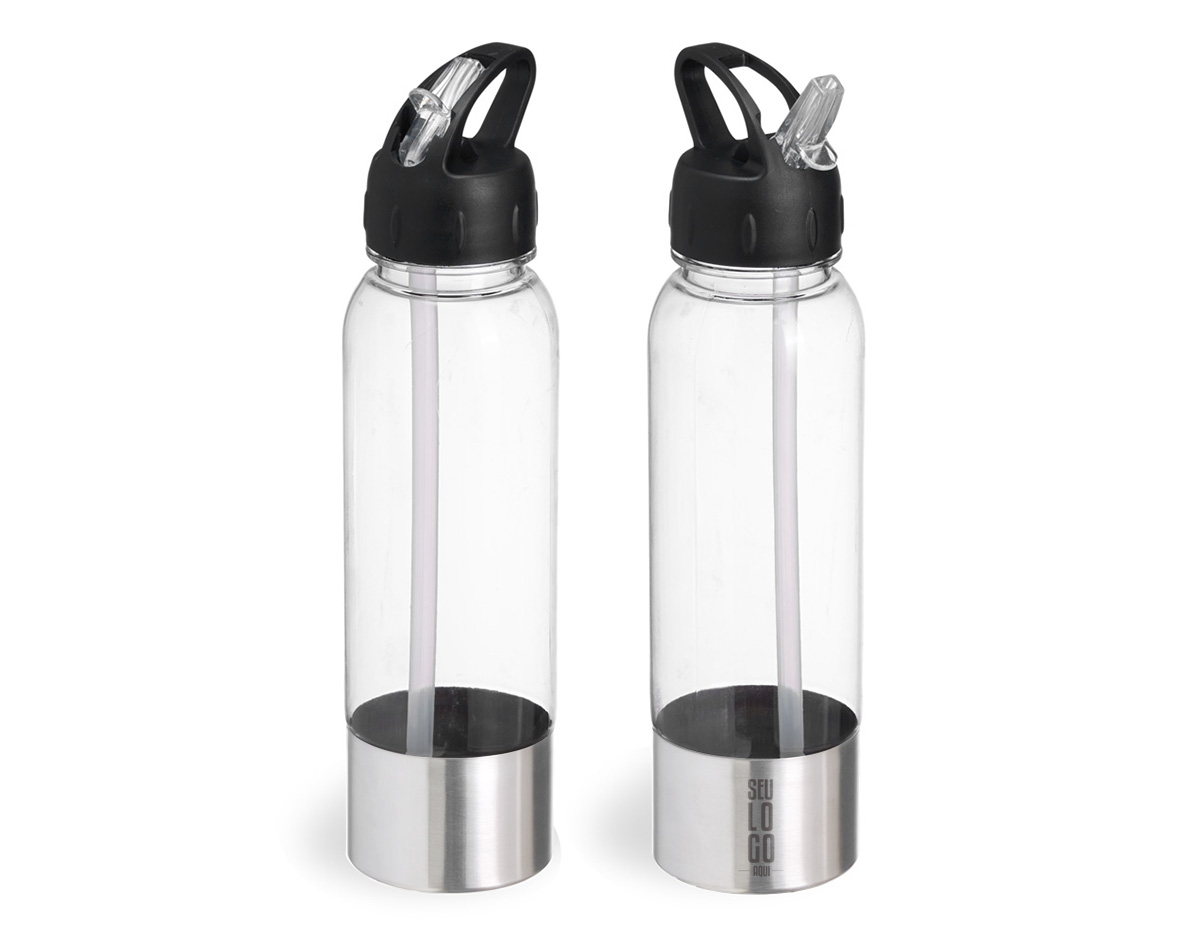 Squeeze com corpo leve e resistente em plástico e base metálica que garante durabilidade e um visual moderno. Possui tampa rosqueável, bico prático e acompanha canudo, facilitando a hidratação sem derramar. Versátil para o dia a dia e ideal para diversas atividades.