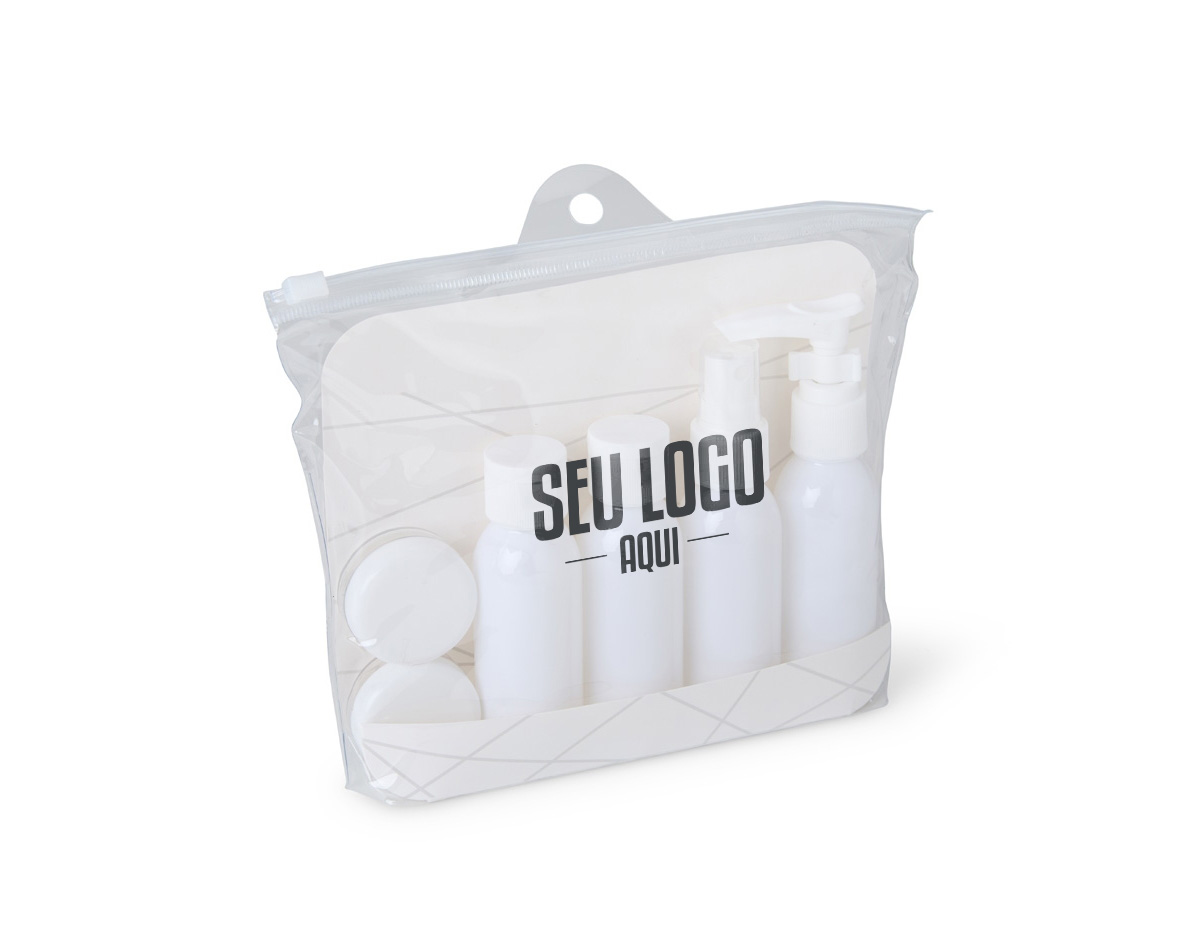 Kit viagem compacto e prático para maquiagem e cuidados pessoais. Inclui estojo ziplock com 2 frascos de 50ml (pump e spray), 2 frascos rosqueáveis de 50ml e 2 potes de 5ml.