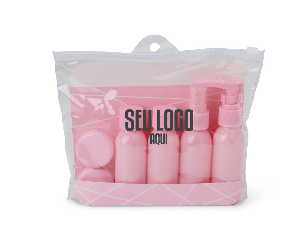 Kit viagem compacto e prático para maquiagem e cuidados pessoais. Inclui estojo ziplock com 2 frascos de 50ml (pump e spray), 2 frascos rosqueáveis de 50ml e 2 potes de 5ml.