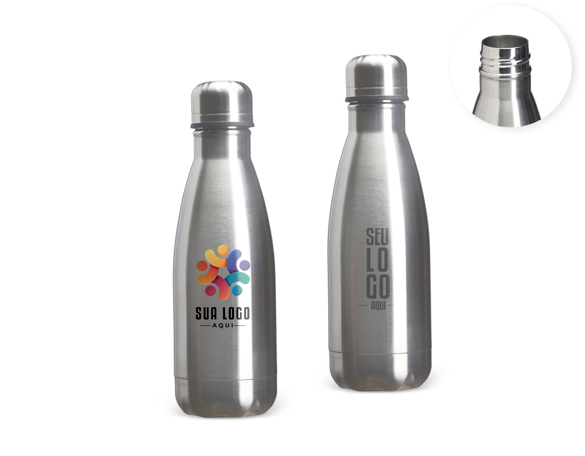 Garrafa térmica de 350ml feita em inox com parede dupla e isolamento a vácuo, mantendo líquidos na temperatura ideal por mais tempo. Possui acabamento em aço escovado, que alia resistência e estilo moderno, sendo uma opção prática para uso diário.