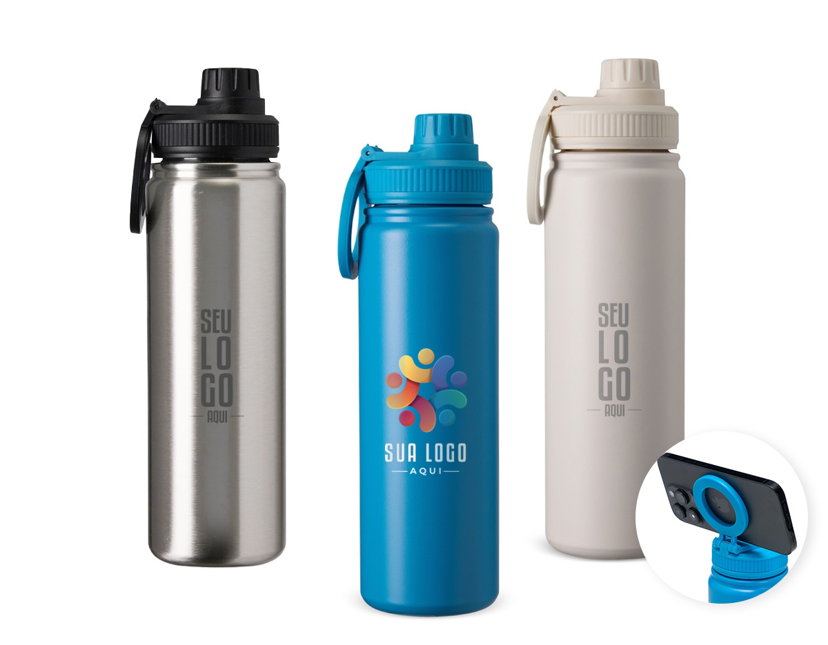 Garrafa térmica em inox com capacidade de 750ml, pintura eletrostática para maior durabilidade e acabamento. Possui parede dupla com isolamento a vácuo, que conserva a temperatura e evita vazamentos. A tampa rosqueável traz alça circular magnética compatível com iPhones.