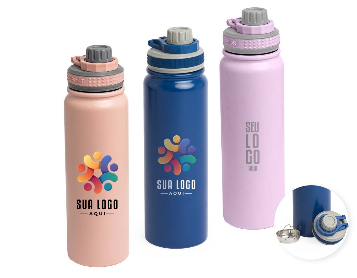 Garrafa térmica de 850ml em inox 304, com infusor de bebidas e parede dupla. Possui tampa com alça para fácil transporte e tampa de proteção para o bocal, garantindo praticidade e conservação da temperatura por mais tempo.