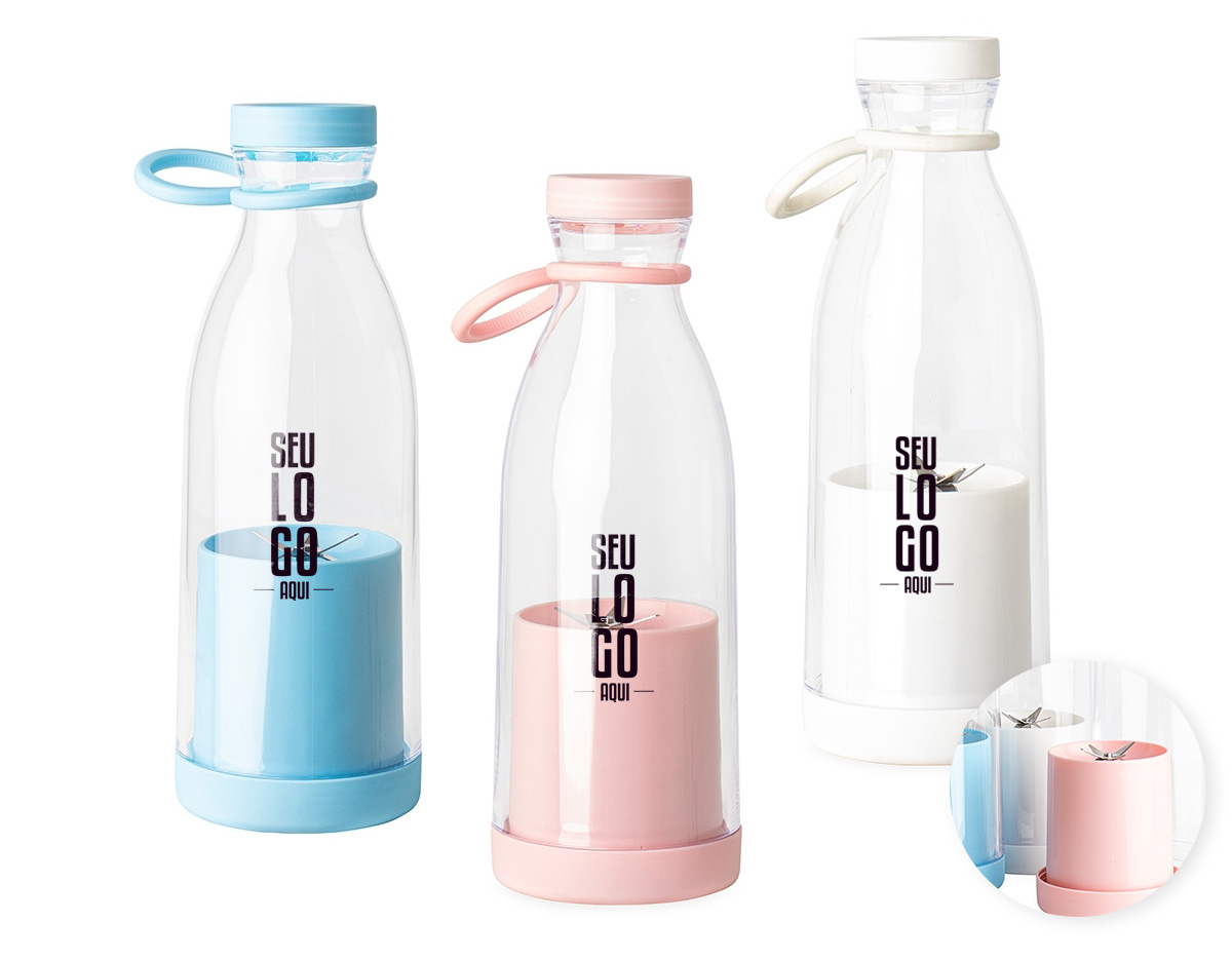 Liquidificador portátil sem fio com capacidade de 380ml, ideal para sucos e smoothies. Possui 6 lâminas de aço inoxidável que trituram frutas, vegetais e gelo. Fácil de usar com um botão e copo removível para limpeza. Acompanha cabo USB. Não ultrapassar 300ml de ingredientes líquidos/sólidos.