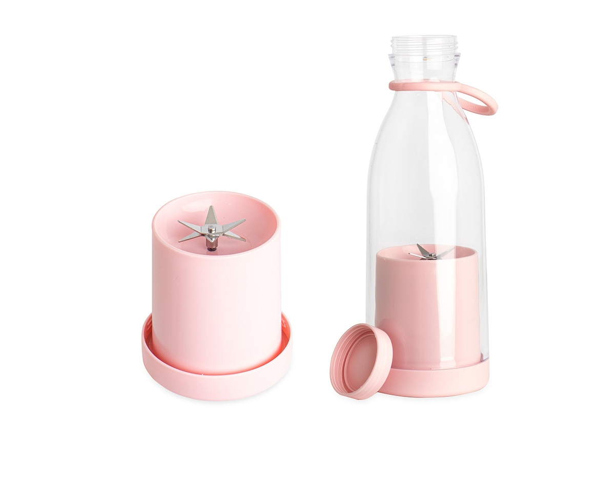 Liquidificador portátil sem fio com capacidade de 380ml, ideal para sucos e smoothies. Possui 6 lâminas de aço inoxidável que trituram frutas, vegetais e gelo. Fácil de usar com um botão e copo removível para limpeza. Acompanha cabo USB. Não ultrapassar 300ml de ingredientes líquidos/sólidos.