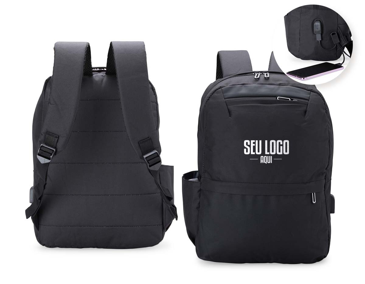 Mochila de nylon 24 litros com três compartimentos, sendo o principal com bolso para notebook 14 polegadas. A mochila possui um bolso lateral e suporte externo usb.