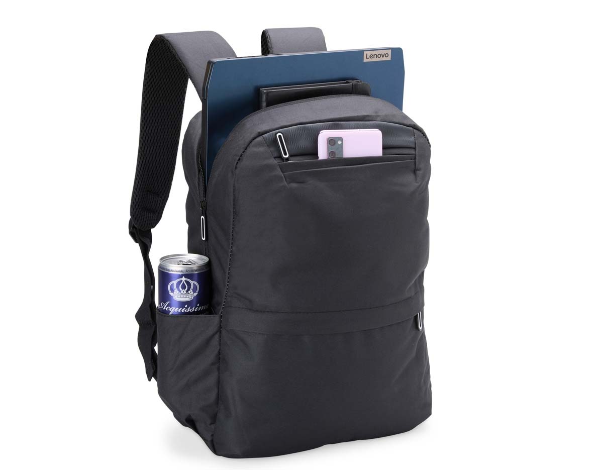 Mochila de nylon 24 litros com três compartimentos, sendo o principal com bolso para notebook 14 polegadas. A mochila possui um bolso lateral e suporte externo usb.