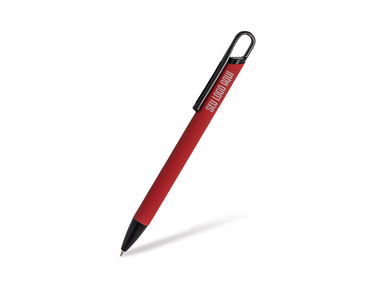 Caneta metálica com clipe em plástico e ponteira touch para telas sensíveis. Possui carga esferográfica azul de 1.0mm e acionamento por clique. Design moderno e funcional, ideal para escrita suave e uso em dispositivos digitais.
