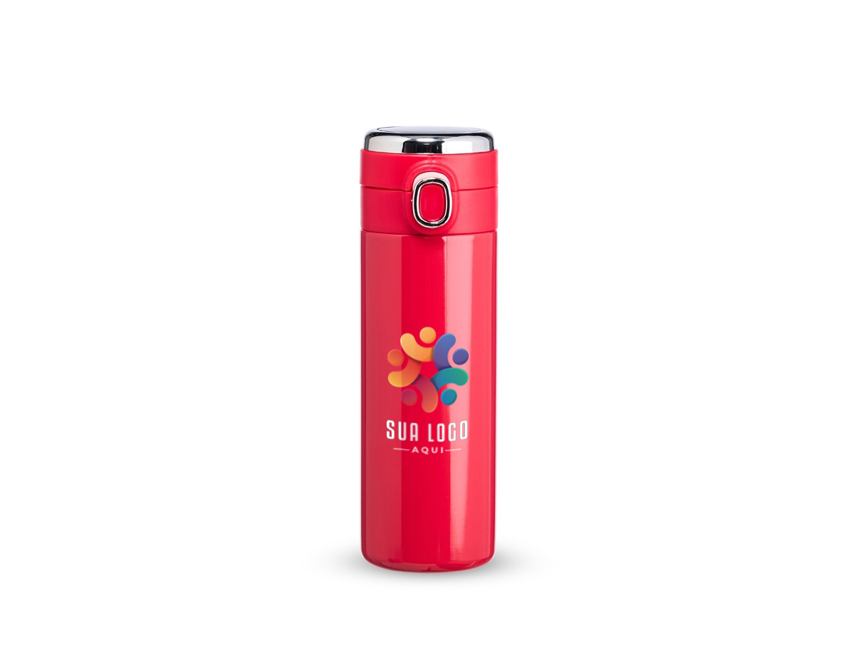 Garrafa térmica em inox 304 com parede dupla, com capacidade de 400ml. Possui tampa com botão de acionamento e área superior para personalização, além de película protetora para evitar arranhões.