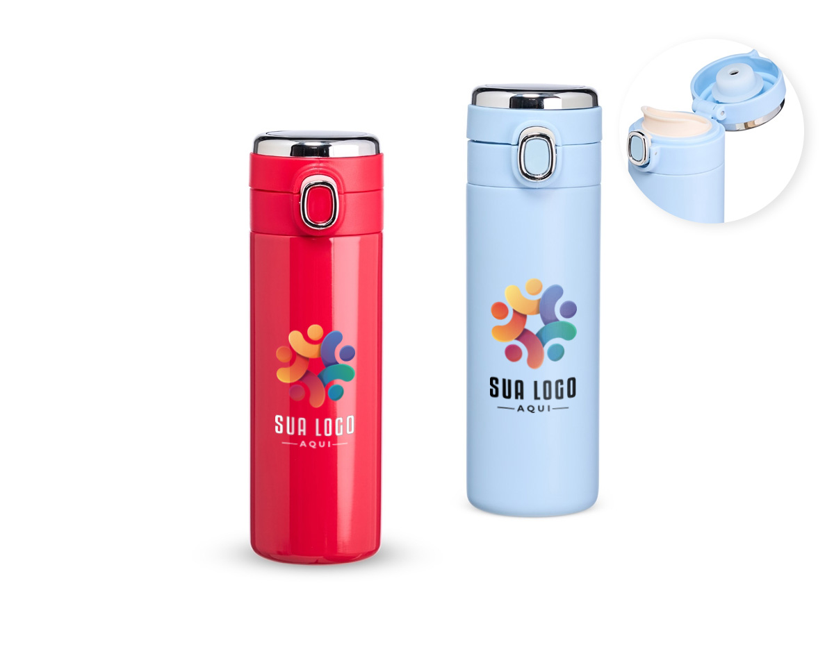 Garrafa térmica em inox 304 com parede dupla, com capacidade de 400ml. Possui tampa com botão de acionamento e área superior para personalização, além de película protetora para evitar arranhões.