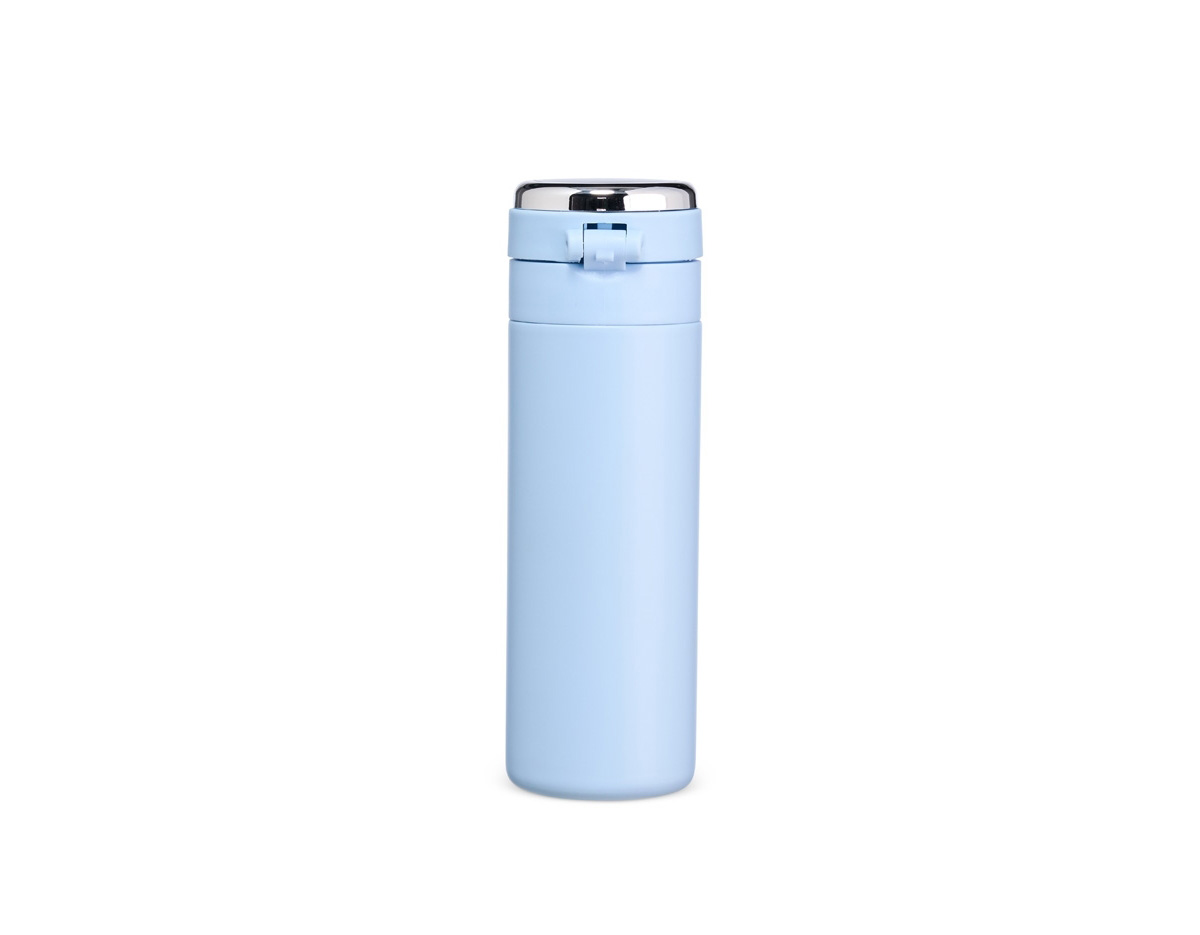 Garrafa térmica em inox 304 com parede dupla, com capacidade de 400ml. Possui tampa com botão de acionamento e área superior para personalização, além de película protetora para evitar arranhões.