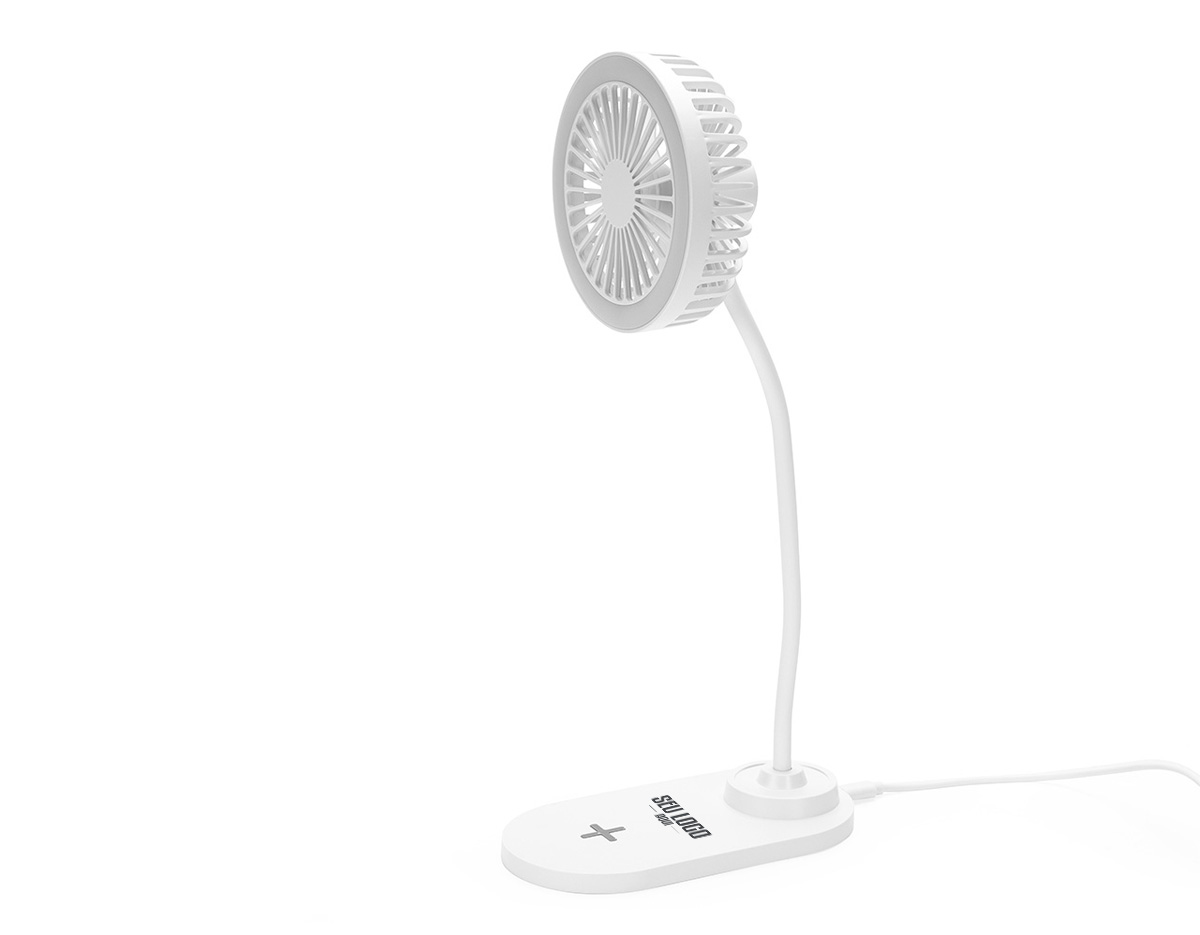 Ventilador com luminária e carregamento por indução. Possui 3 níveis de ventilação e iluminação com 17 LEDs de luz fria, ideal para ambientes de estudo ou trabalho. Fabricado em plástico, com base inteligente para carregamento de celulares por indução. Funciona conectado à energia. Acompanha cabo USB Tipo-C.
