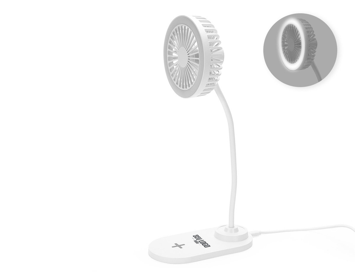 Ventilador com luminária e carregamento por indução. Possui 3 níveis de ventilação e iluminação com 17 LEDs de luz fria, ideal para ambientes de estudo ou trabalho. Fabricado em plástico, com base inteligente para carregamento de celulares por indução. Funciona conectado à energia. Acompanha cabo USB Tipo-C.