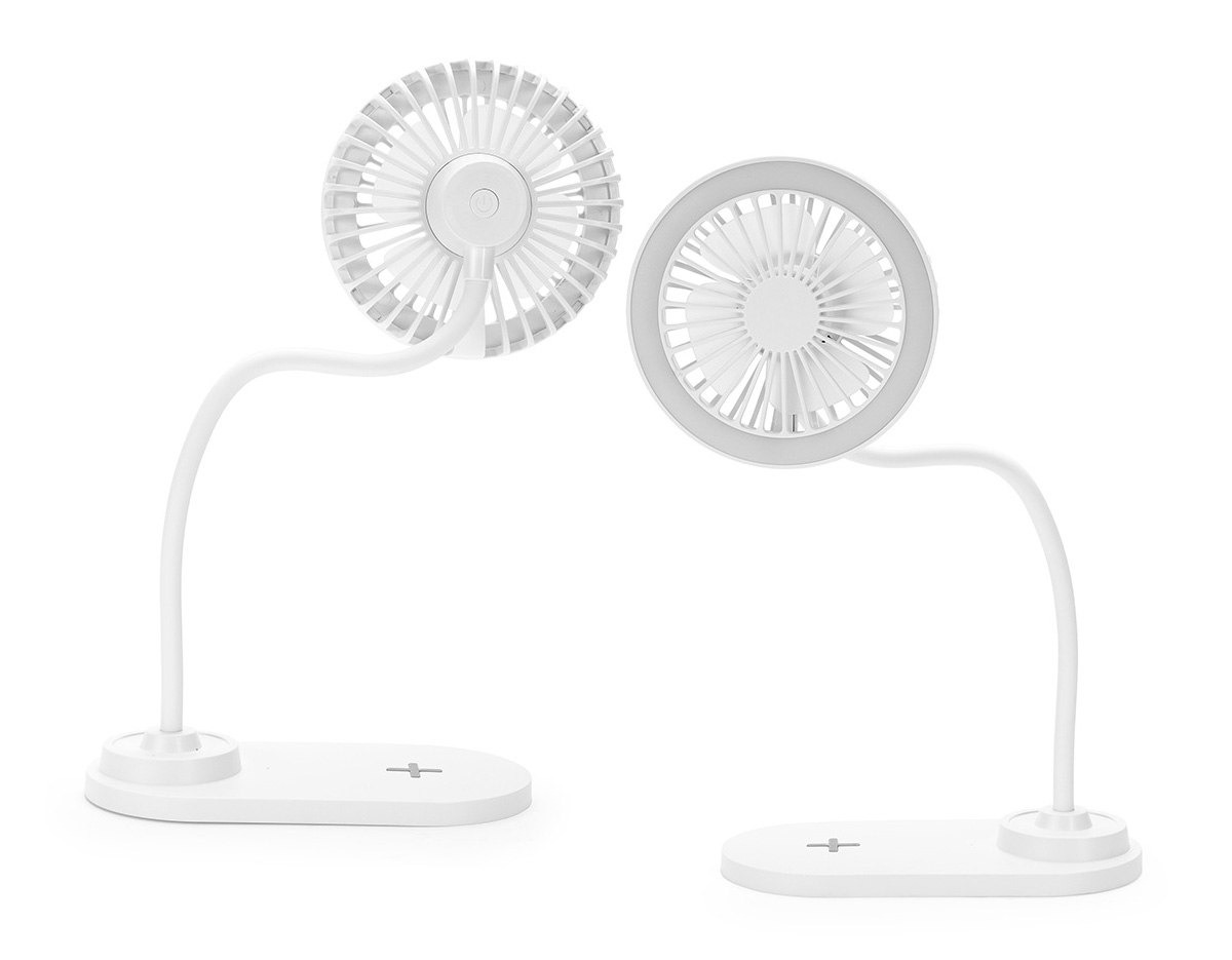 Ventilador com luminária e carregamento por indução. Possui 3 níveis de ventilação e iluminação com 17 LEDs de luz fria, ideal para ambientes de estudo ou trabalho. Fabricado em plástico, com base inteligente para carregamento de celulares por indução. Funciona conectado à energia. Acompanha cabo USB Tipo-C.