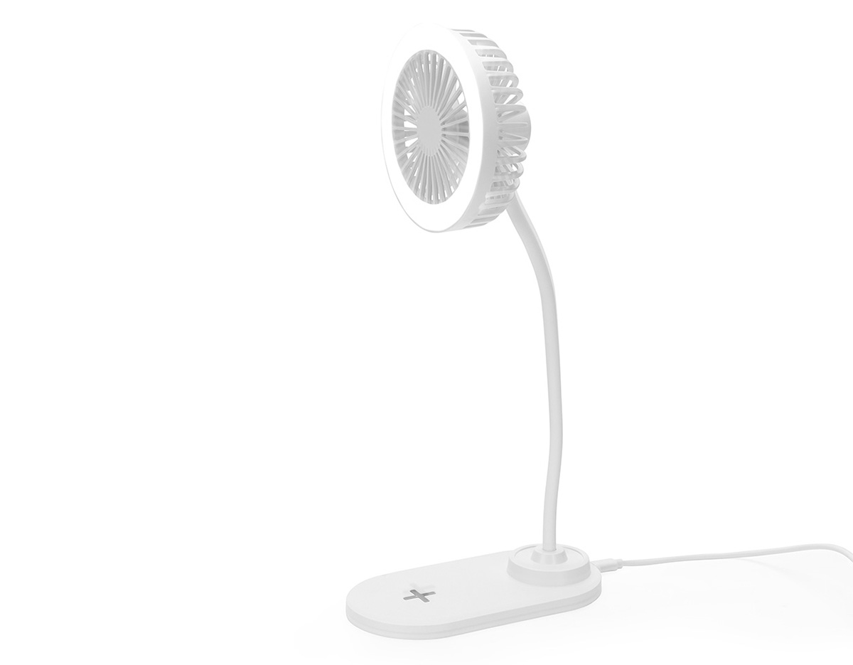 Ventilador com luminária e carregamento por indução. Possui 3 níveis de ventilação e iluminação com 17 LEDs de luz fria, ideal para ambientes de estudo ou trabalho. Fabricado em plástico, com base inteligente para carregamento de celulares por indução. Funciona conectado à energia. Acompanha cabo USB Tipo-C.