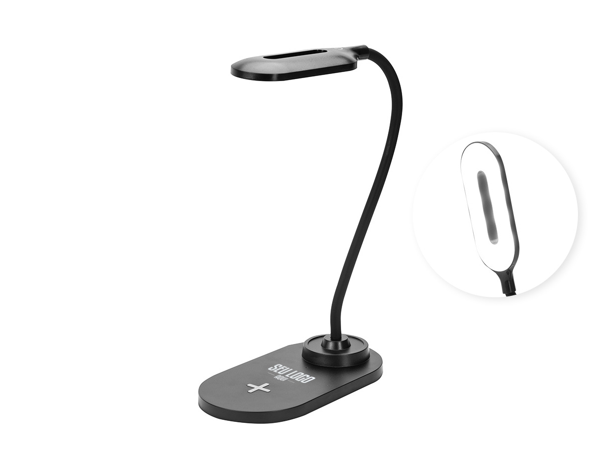 Luminária LED com 3 níveis de iluminação: luz quente (10 LEDs), fria (10 LEDs) e mista (20 LEDs). Possui base antideslizante, haste articulável e estrutura em plástico. A base permite carregamento de celulares por indução, indicado por um sinal de "+". Funciona conectada à energia e acompanha cabo USB Tipo-C.