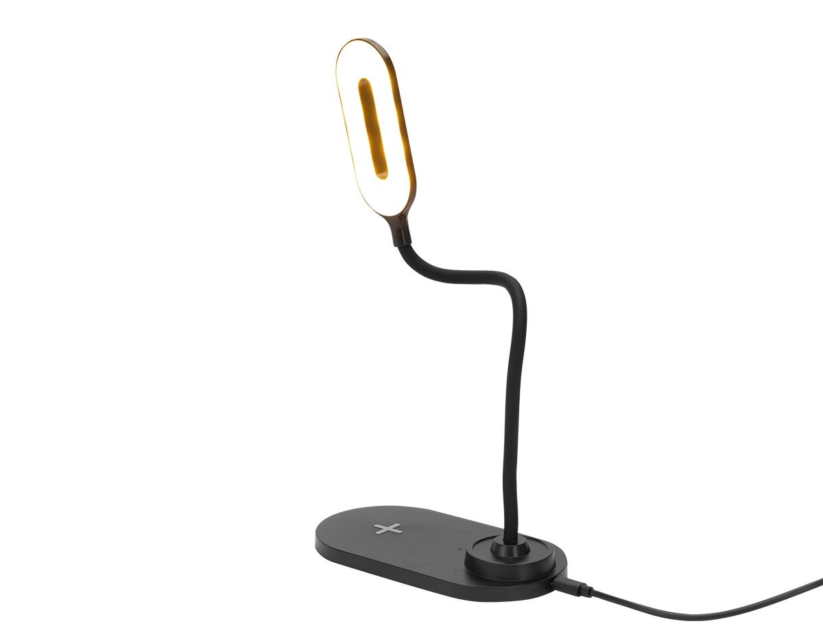Luminária LED com 3 níveis de iluminação: luz quente (10 LEDs), fria (10 LEDs) e mista (20 LEDs). Possui base antideslizante, haste articulável e estrutura em plástico. A base permite carregamento de celulares por indução, indicado por um sinal de "+". Funciona conectada à energia e acompanha cabo USB Tipo-C.