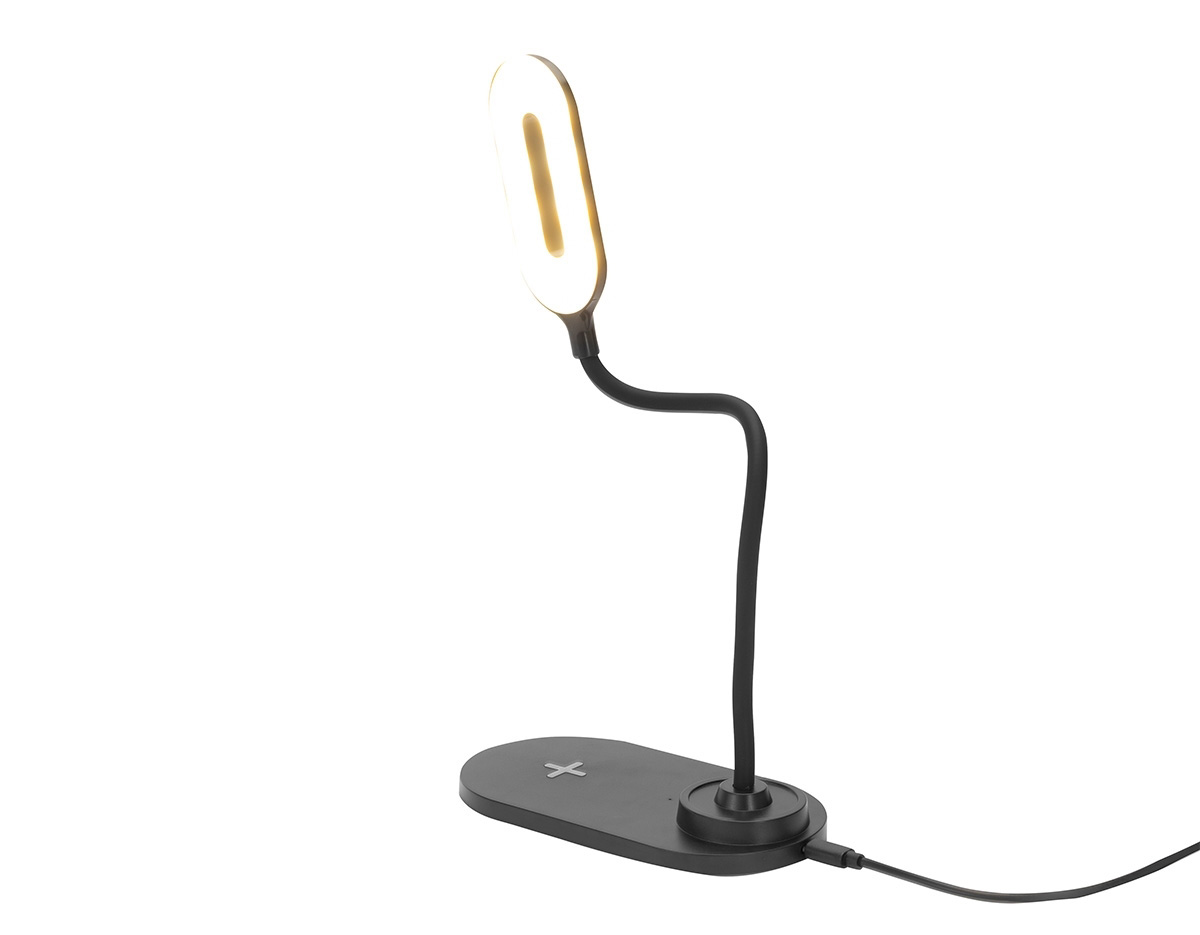 Luminária LED com 3 níveis de iluminação: luz quente (10 LEDs), fria (10 LEDs) e mista (20 LEDs). Possui base antideslizante, haste articulável e estrutura em plástico. A base permite carregamento de celulares por indução, indicado por um sinal de "+". Funciona conectada à energia e acompanha cabo USB Tipo-C.