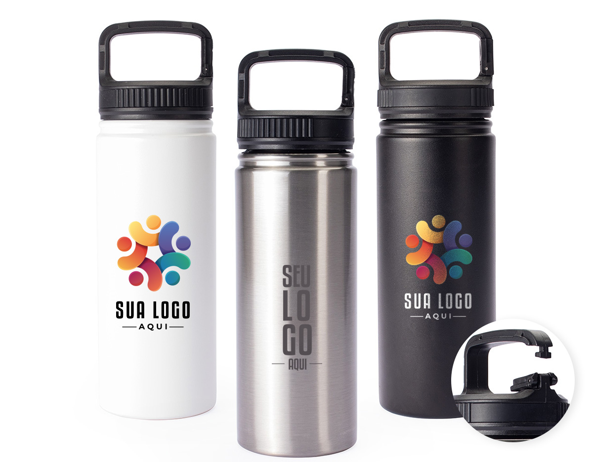 A combinação de estilo e praticidade em uma só garrafa térmica. Com capacidade total de 500ml, construção em inox de parede dupla e isolamento a vácuo, esta garrafa térmica mantém a temperatura constante dos líquidos, evitando vazamentos e o contato direto com o calor ou frio do líquido durante o manuseio. A garrafa ainda conta com uma tampa rosqueável de plástico com uma alça em formato de presilha para facilitar seu transporte, prendendo-a em mochilas ou mantê-la em outros espaços.